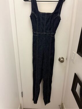 Slim Dark Blue Denim Jumpsuit with Square Neck